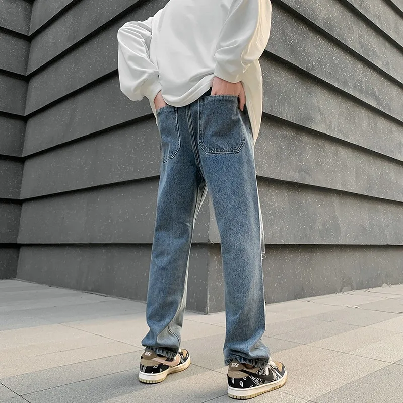 Ripped Jeans Hole Fashion Japanese Style Hip Hop High Street Straight Pants Casual Loose Long Trouser Men Chic Clothing