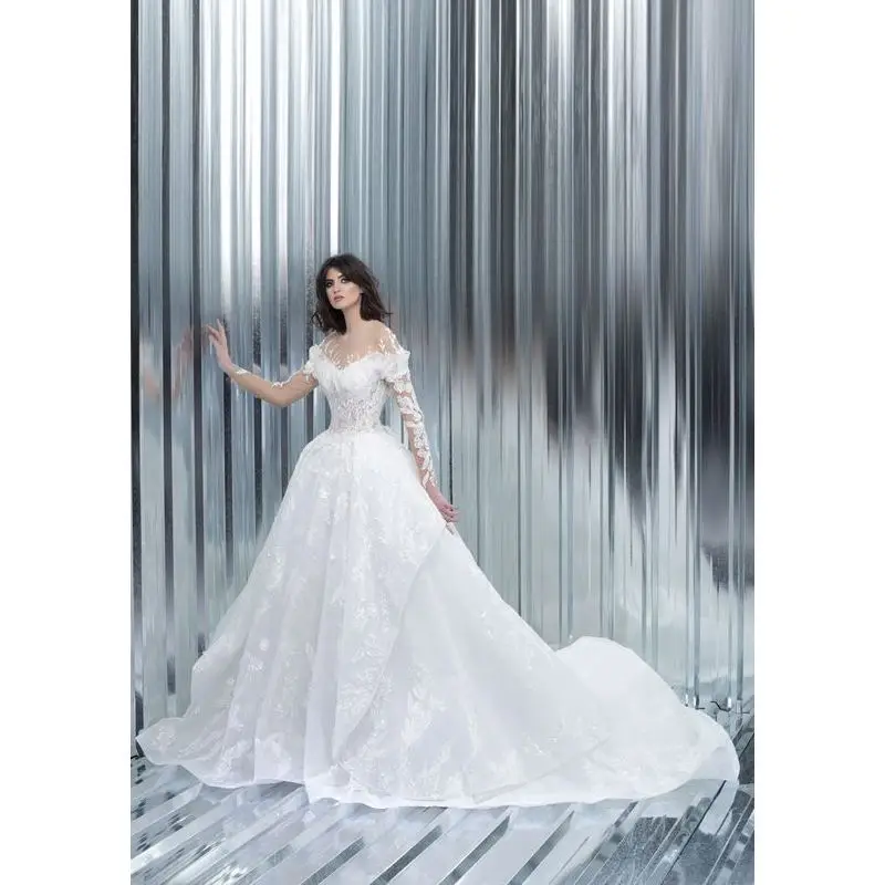 

Luxury Ball Gown Princess Wedding Dresses for Women Lace Appliques Illusion Sweep Train Bride Robe Vestido De Noiva