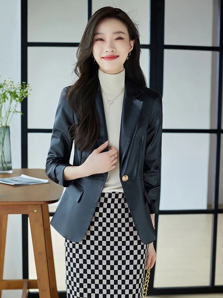 Red Suit Jacket Women's Spring  Autumn 2022 Short Leather Korean British Casual Suit  Office Lady  Single Button Elegant Suit