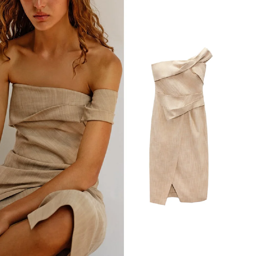 

COS LRIS European and American 2023 summer fashion new French dress skirt slit folds asymmetric design straight dress 3265332