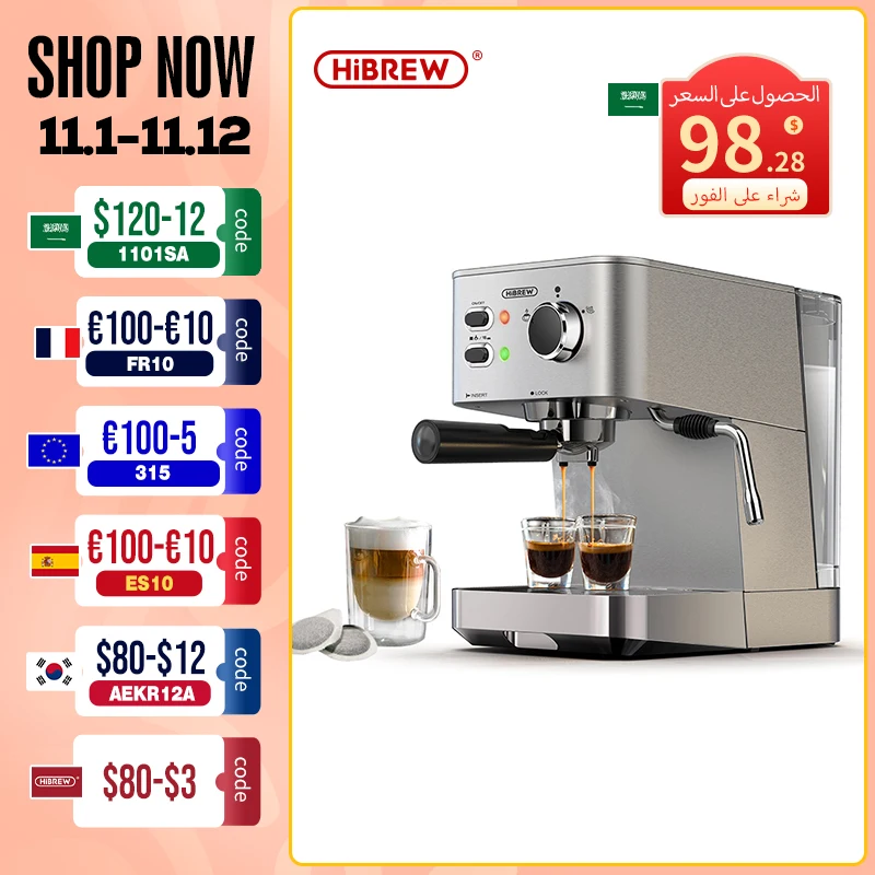 

HiBREW 20Bar espresso coffee machine inox case semi automatic ESE pod&Ground Coffee espresso maker, cappuccino H10