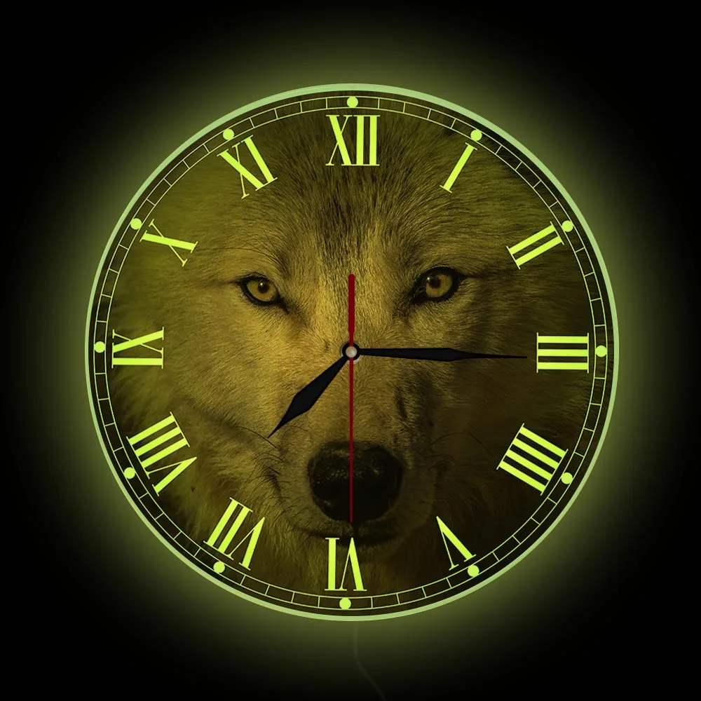 Grey Wolf Wildlife LED Wall Clock With Backlight For Bedroom