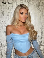 cjfhje high quality summer corset top women y2k blue boycon crop top off the shoulder sexy mesh top outfits girl party clubwear