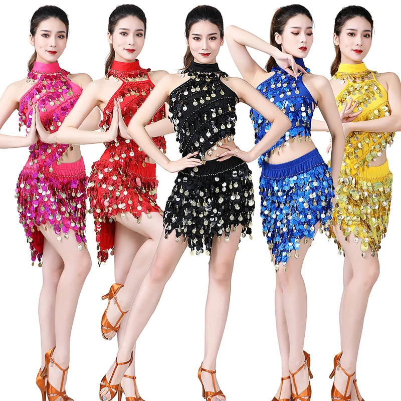 

Adult Women Belly Dance Costume Sleeveless Sequins Fringe Latin Dress Stage Cha cha Rumba Samba Skirt Set Prom Dresses XS4508