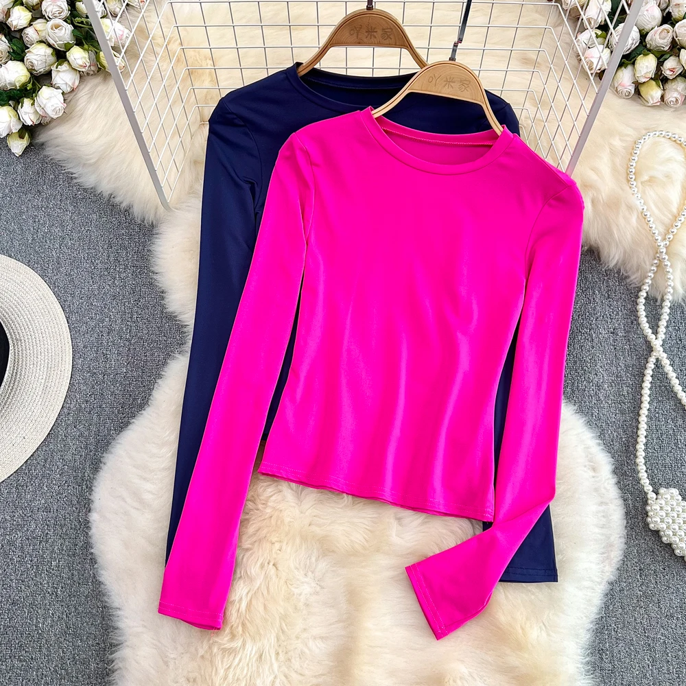 

Винтажная темпераментная футболка с длинным рукавом и круглым вырезом, повседневный облегающий короткий топ