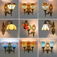 stained glass lampshade batterfly pyramid art wall lamp led bedside study asile wall mounted lamp up or down lighting