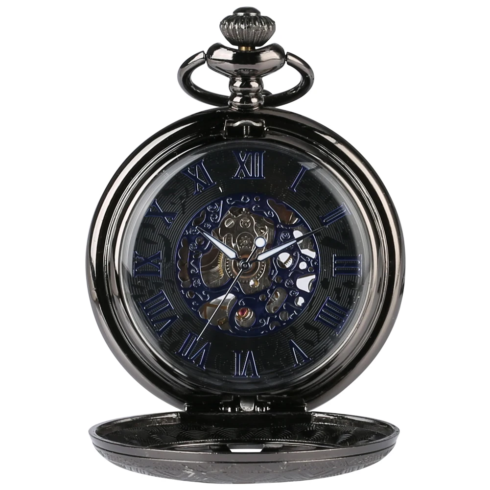 Royal Blue Roman Numerals Dial Manual Mechanical Pocket Watch Vintage Hub Skeleton Exquisite Pocket Timepiece with Pocket Chain