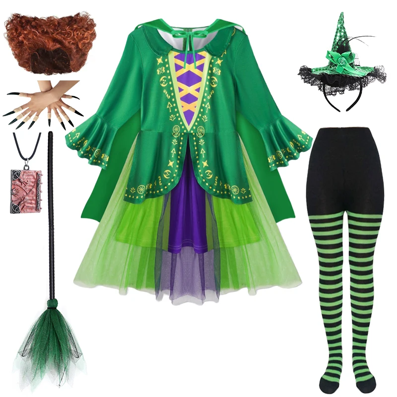 Disfraz de Hocus Pocus 2 Sanderson para Halloween para niñas, disfraz de demonio, vampiro, mascarada, fantasma, manga abullonada, bruja, vestido de fiesta + capa