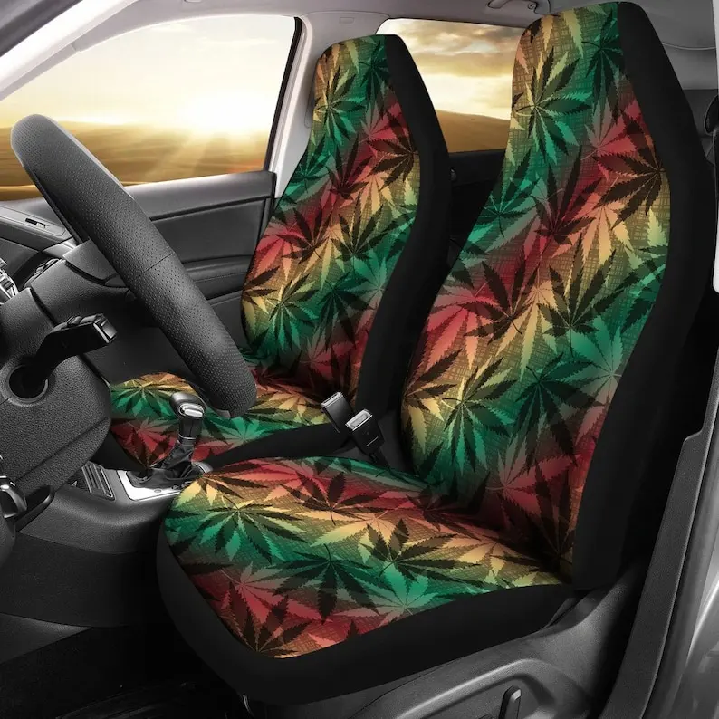

Colorful Red Peach Green Weed Leaves Floral Flowers Car Seat Covers Pair, 2 Front Seat Covers, Car Seat Protector, Car Accessori