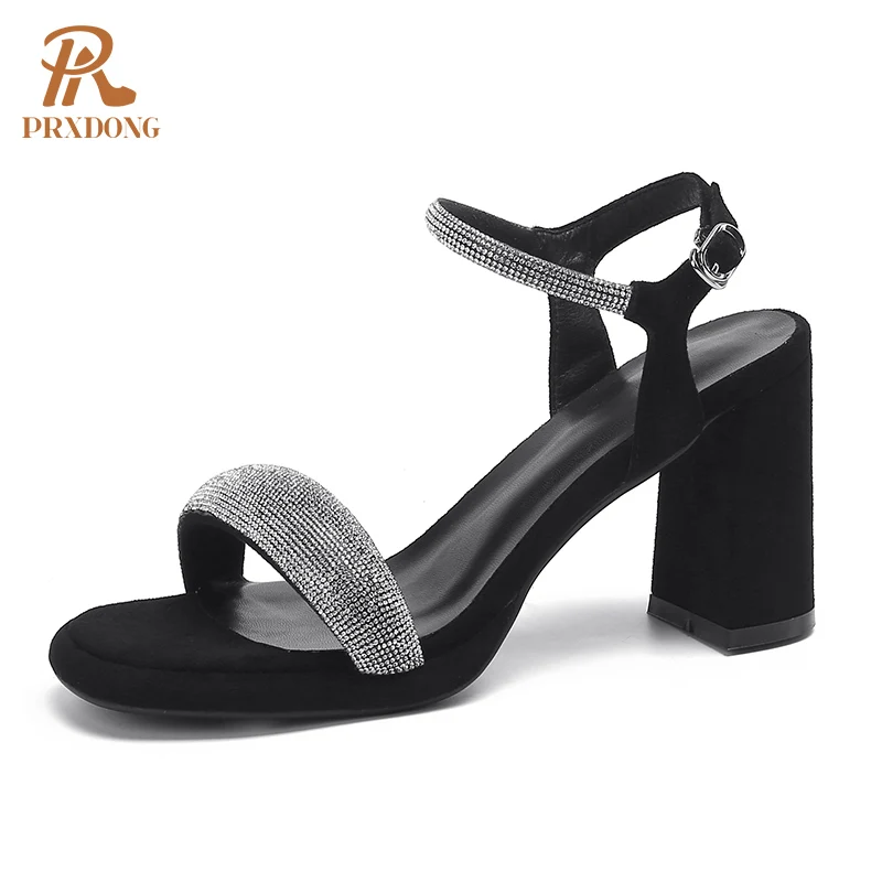

Women's Sandals New Summer Fashion Chunky High Heels Rhinestone Black white Dress Party Female Shoes Lady Sandals Big Size 34-41