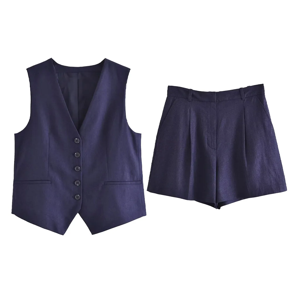 

Summer new fashion women's temperament casual V-neck sleeveless linen blended slim vest + pleated high-waisted shorts