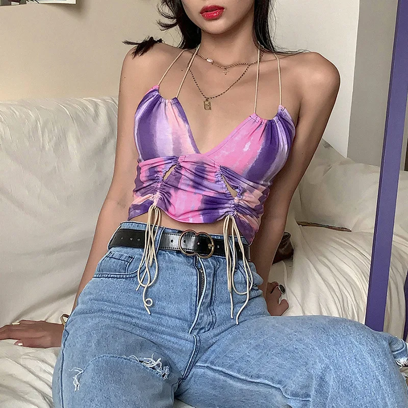 Summer Sexy Low Cut Graphics Tees Tassel Crop Tops Women Camisole Fashion Casual Club Street Wear Tank Top Sweet Vest Female