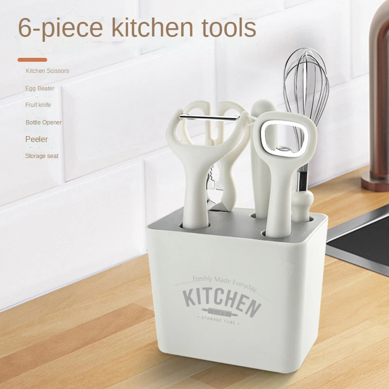 

Multifunctional Kitchen Scissors Tools Accessories Fruit Knife Vegetables Peeler Bottle Opener Egg Beater Set with Storage Seat