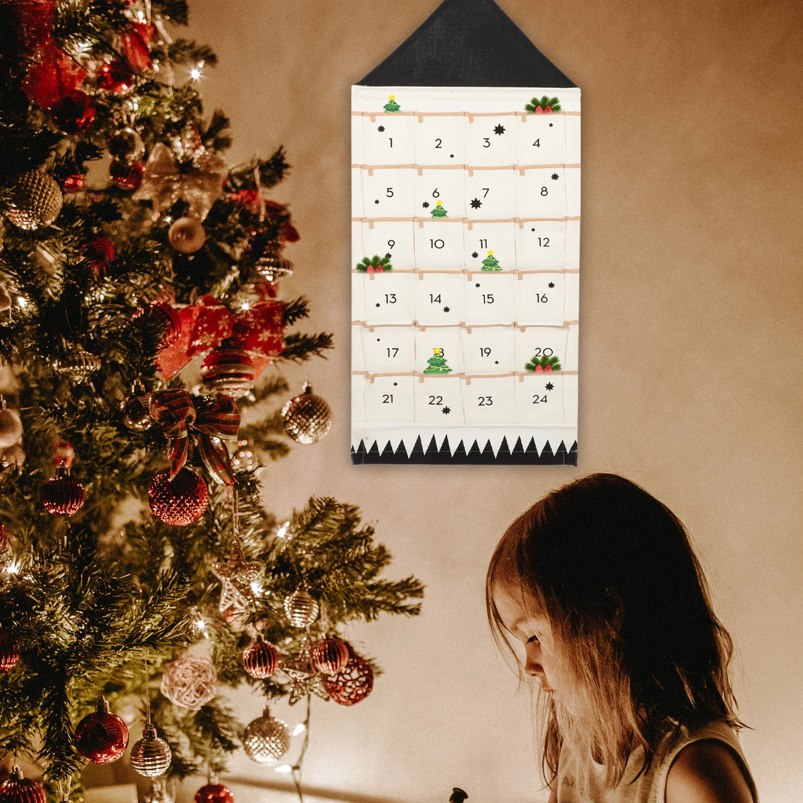 

Storage Bag Christmas Advent Calendar Pouch Burlap Gift Bags Decorate Wall Hanging Cotton Xmas Multi-Pockets Storage Bag