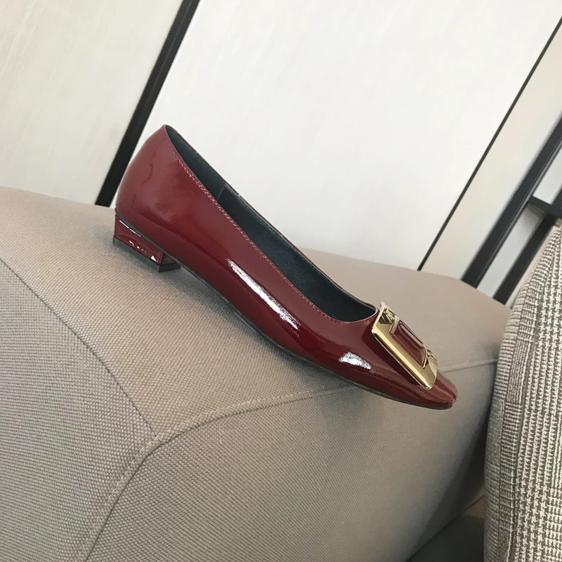 2023 New Lacquer Leather Square Button Single Shoe Thick Heel Medium Heel Square Head Shallow Mouth Women's Shoe