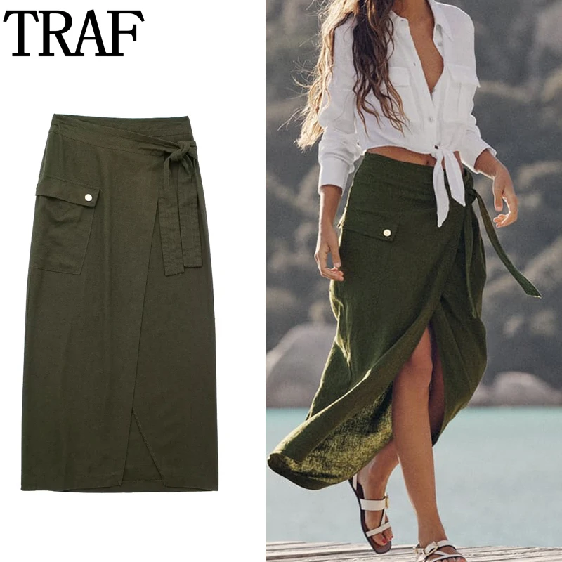 

TRAF Wrap Long Skirts For Women Fashion 2023 High Waist Midi Skirt Woman knotted Slit Beach Skirt Streetwear Summer Skirt