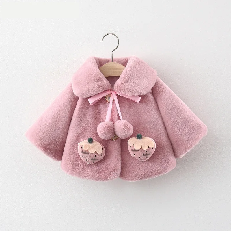 

LANBENA Fall Winter Baby Fur Coat Toddler Girl Jacket Korean Warm Fleece Plush Cute Strawberry Shawl Newborn Clothes 021