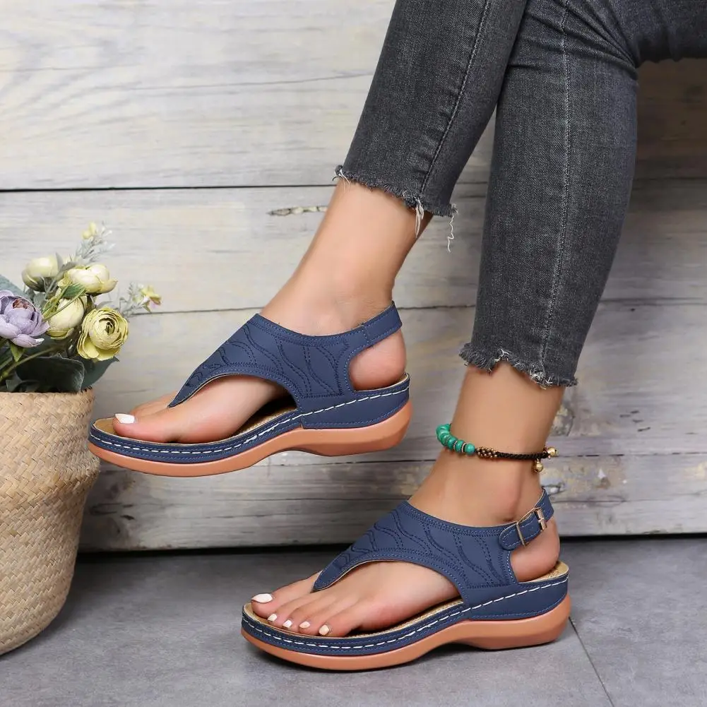 

Women Sandals Open Toe Strap Wedges Solid All Match Flop Type Faux Leather Retro Anti-slip Roman Sandals For Beach