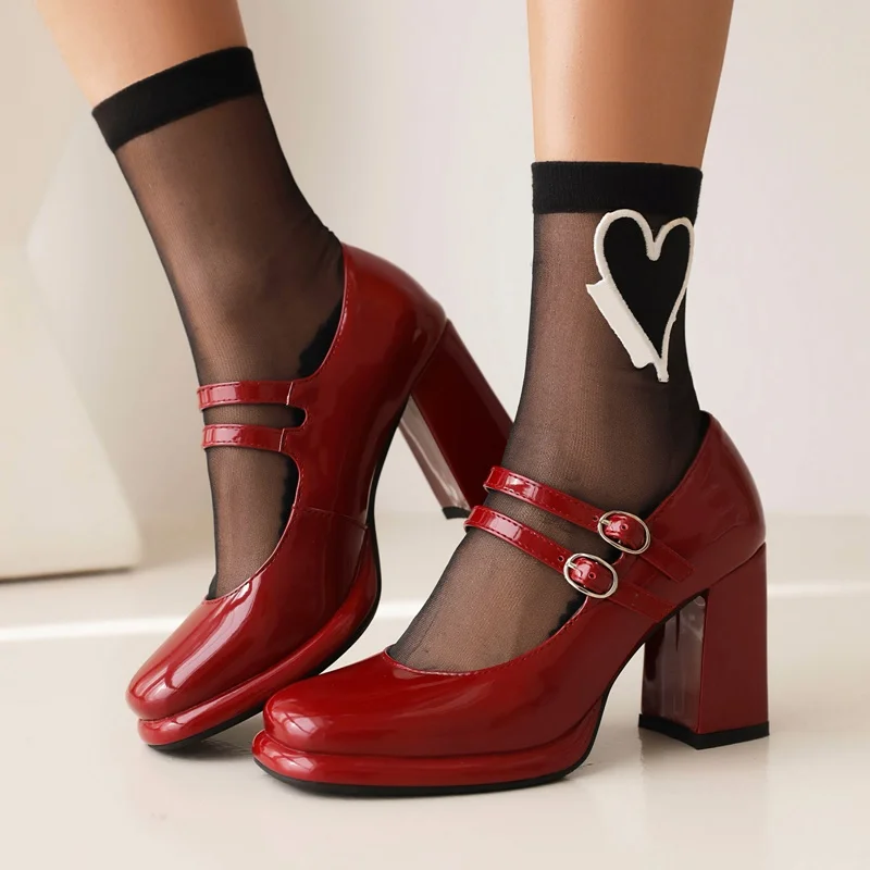 classic double buckle Mary Janes patent pu leather pumps woman thick high heels pumps woman spring summer party dress OL shoes