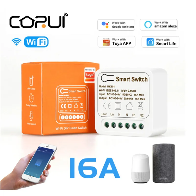 

Смарт-выключатель CoRui 16 А с поддержкой Wi-Fi и таймером с двухсторонним управлением, беспроводной переключатель для автоматизации умного дома...