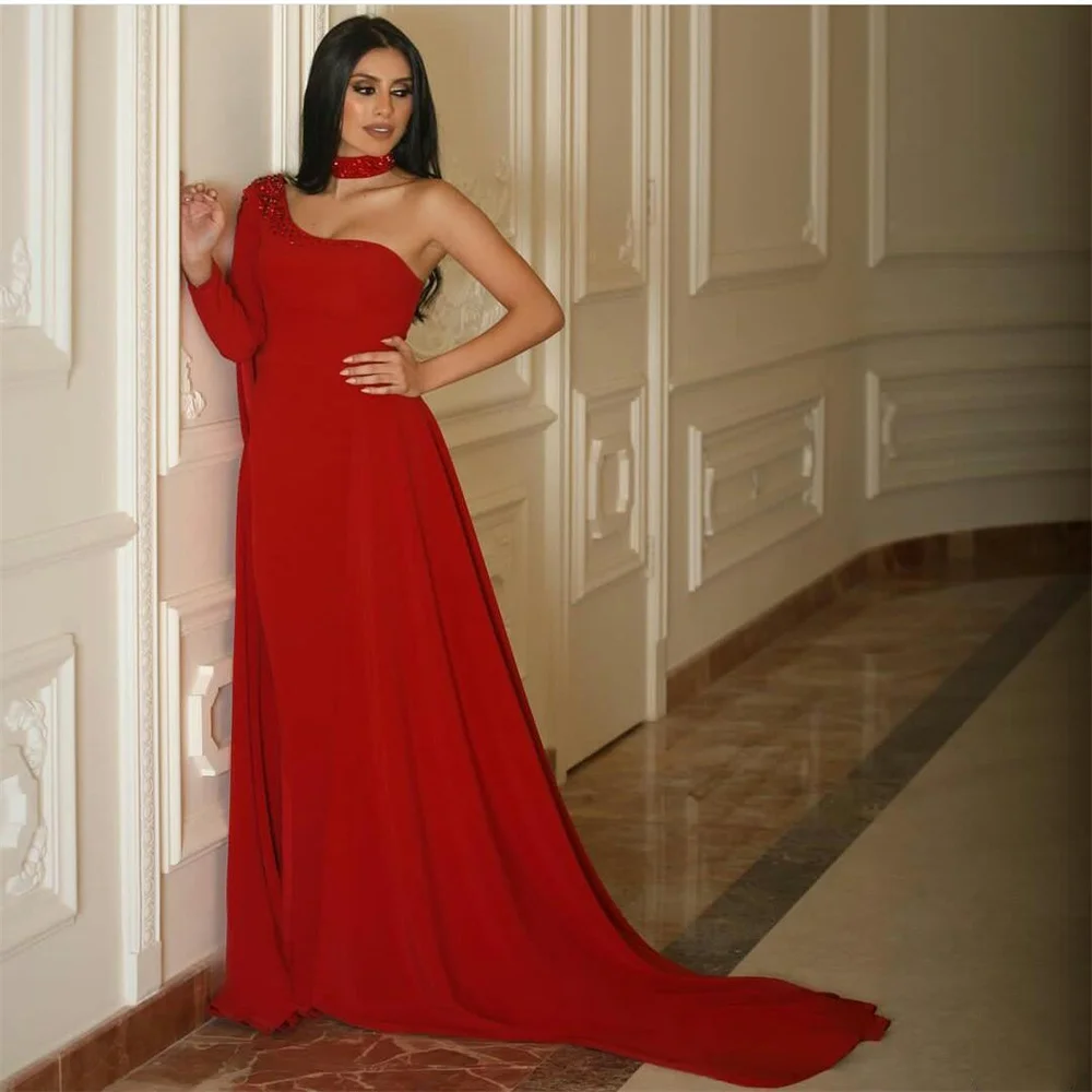 

2023Arabian Dubai Mermaid Evening LadiesDress Unique Beaded One Shoulder Party Red Carpet Fashion Cape Sleeves Backless Trailing