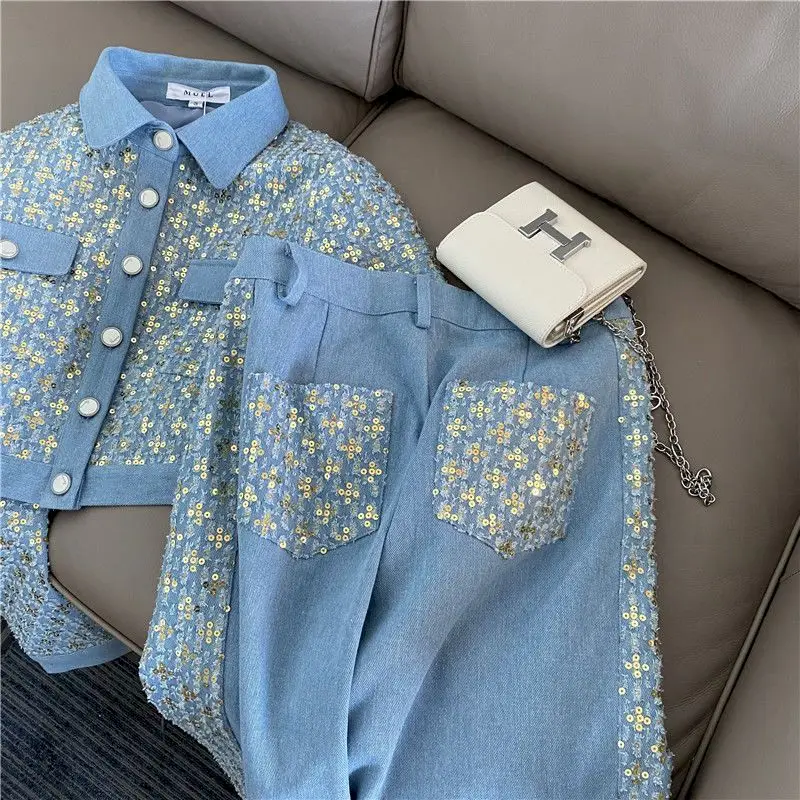 Женский брючный костюм из двух предметов элегантный синий офисный джинсовой