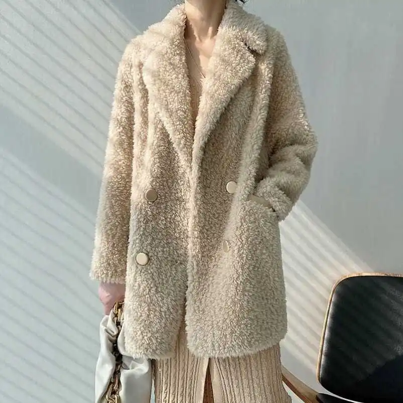 Women Winter New Lamb Fur Coat Female Korean Solid Granule Sheep Shearing Jacket Loose Mid-Length Warm Outerwear Ladies E486