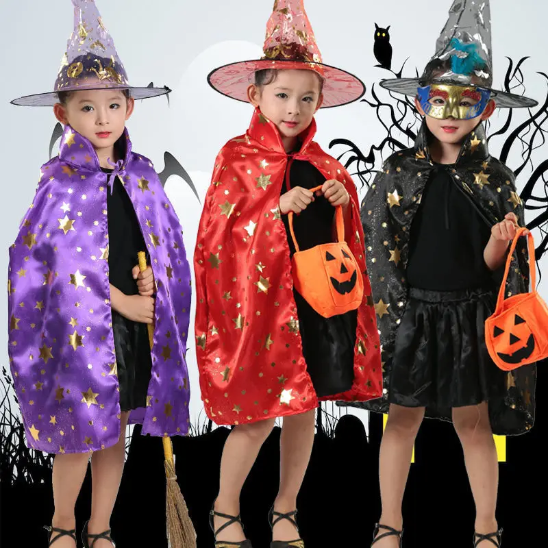 

Halloween Children's Costume Five-star Cloak Magician Cloak Children With Magic Cloak Magic Mask Pumpkin Bag Magic Hat 4pcs