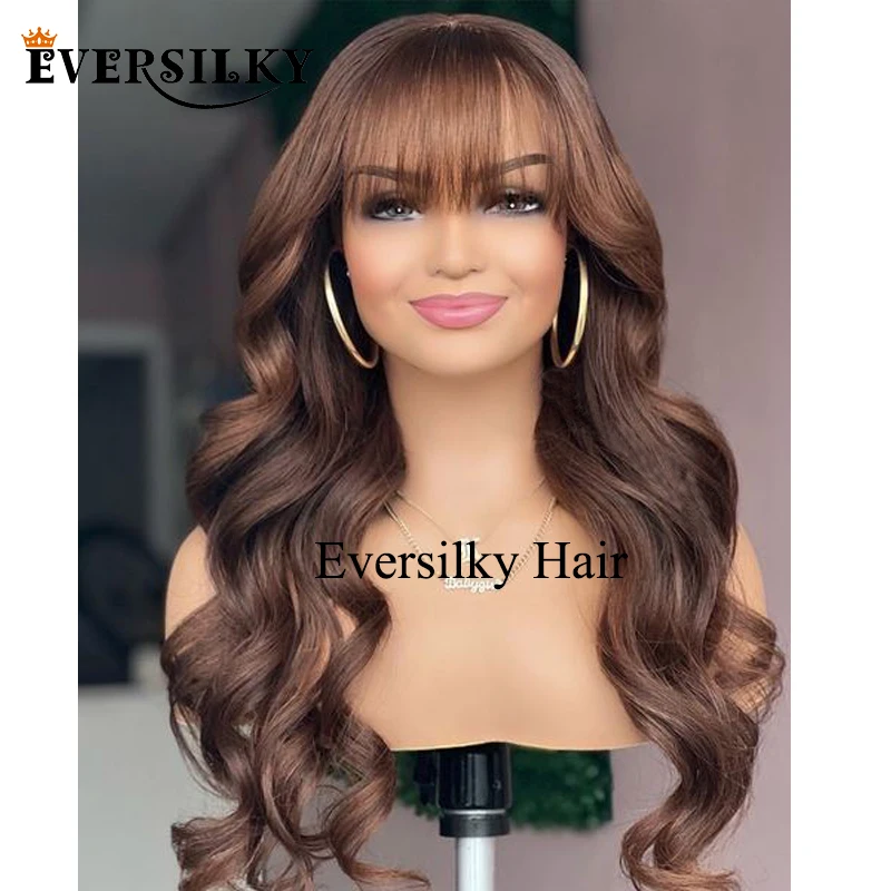 Caramel Brown Body Wave Fringe 360 Lace Frontal Human Hair Wigs with Bangs Glueless 5x5 Lace Closure Wigs for Black Women Remy
