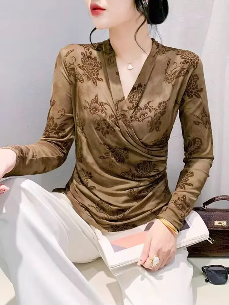 Женская футболка с длинным рукавом и V-образным вырезом