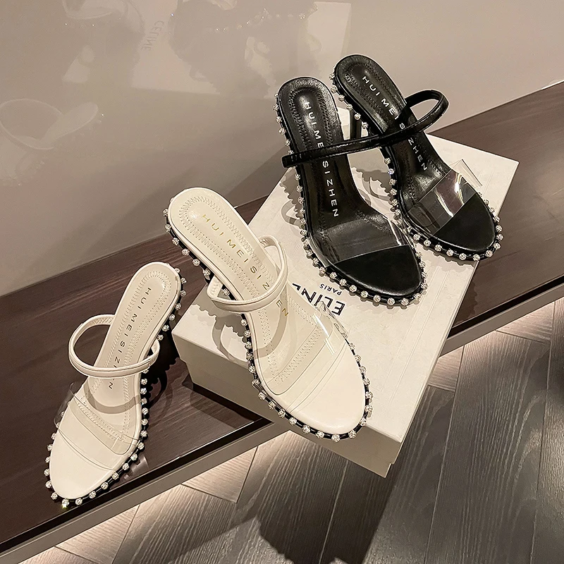 

Open Toe Women Slippers PVC Black White Slip On Thin High Heels Pumps Sandals Slides Mules Shoes Casual Ladies Rhinestone Slides