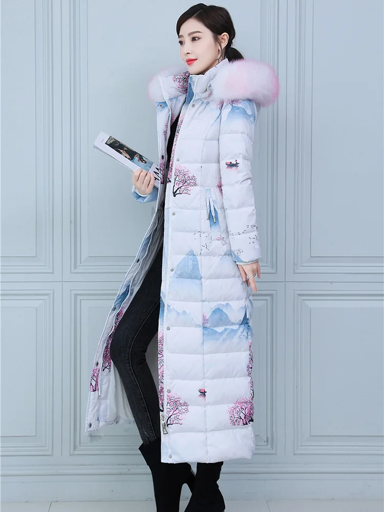 New Women Thicken Warm Down Coat Winter Fashion Real Fox Fur Collar Landscape Print Lengthened Down Jacket Slim Overcoat Female