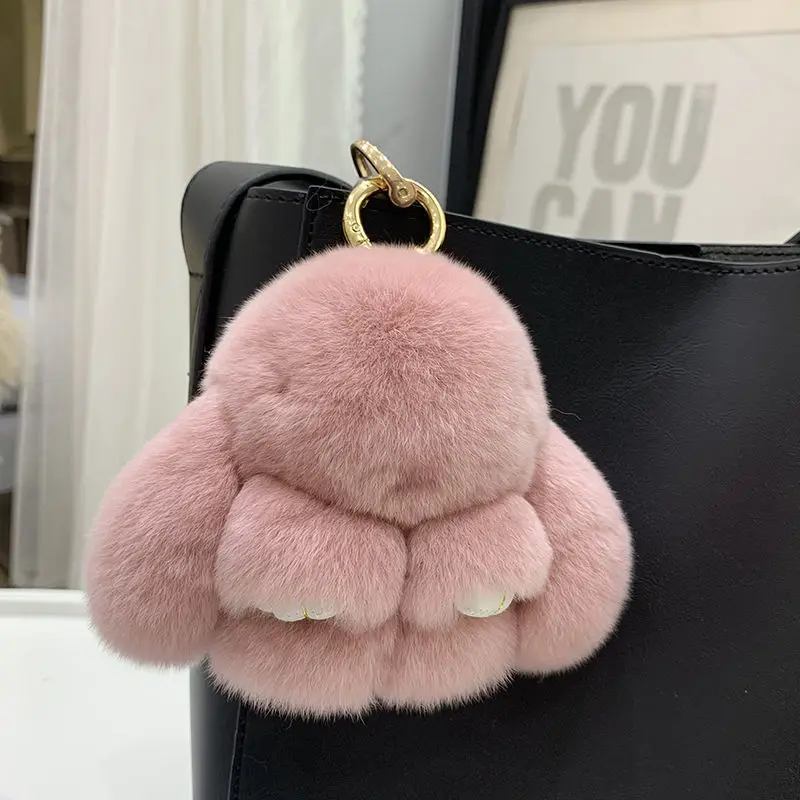 Fluffy Real Rabbit Fur Bunny Keychain Ladies Keychain For Car Keys Phone Keyring Plush Wholesale Bag Accessories Luxury Bag Moto