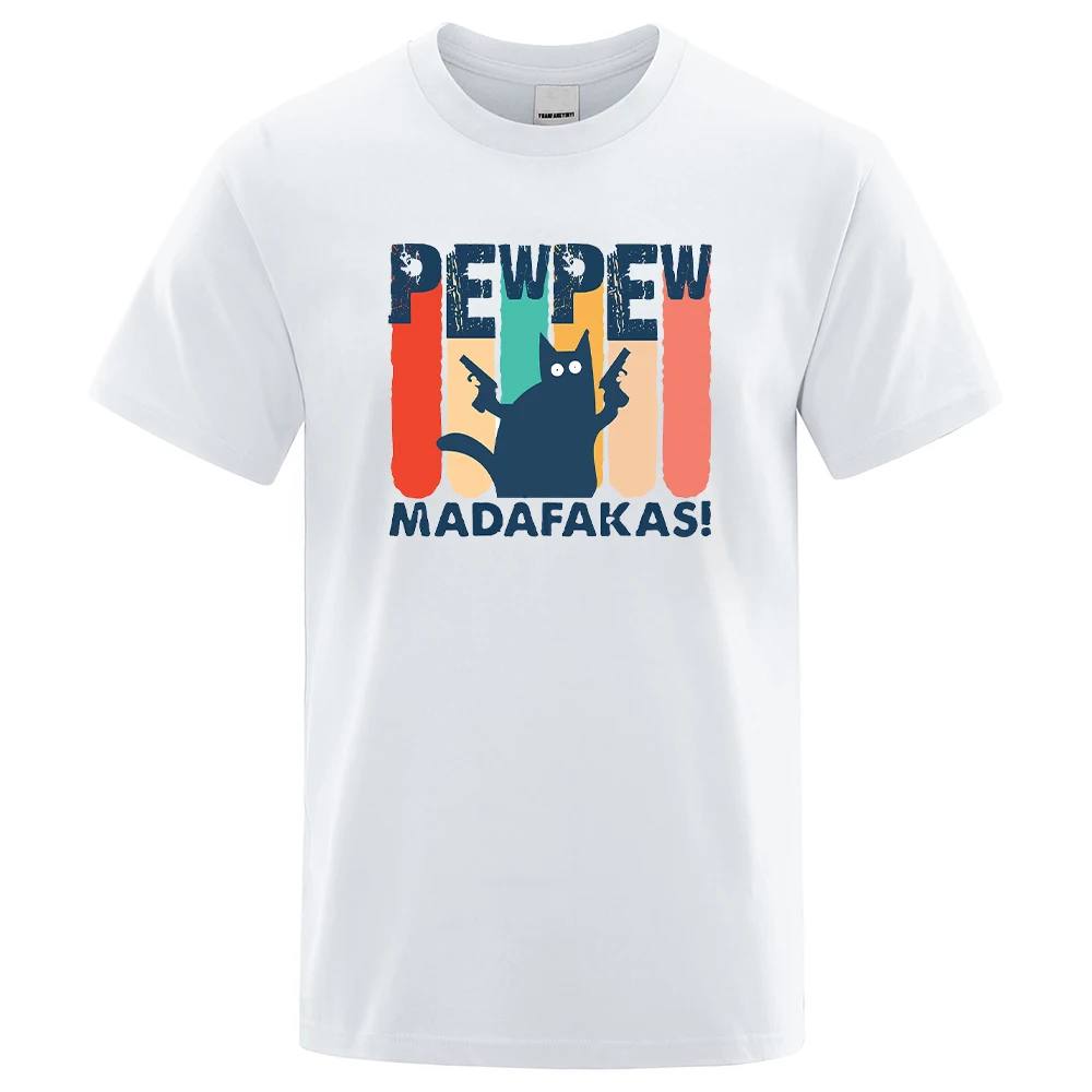 

Pew Pew Madafaks Cat Printing Men's T-Shirt Crewneck Comfortable T-Shirt Breathable Vintage Tops Oversized Casual Tshirts Mens
