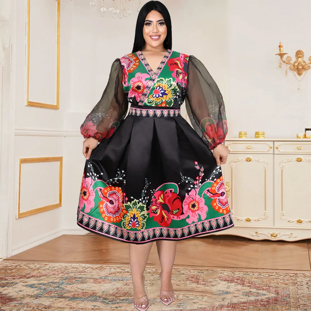 

Plus Size V Neck Floral Print Long Puff Sleeve Midi Dress 4XL Vintage Ball Gown Robe Evening Elegant Dresses Vestidos De Mujer