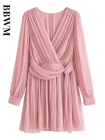 Small Pleat Dress Women V Neck Wrap Short Dress Vintage Long Sleeve Elastic Waist Dresses 2023 Summer Office Chic Lady Dress