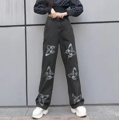 

Fashion Women's Loose Jeans Printing Wide Leg Pants Straight Pants High Waist Streetwear Style Comfortable Jeans Trousers Summer