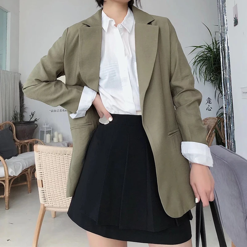 

Spring 2022 Women ArmyGreen Rolled Sleeves Blazer Notched Collar Long Sleeve Jacket Coats Female Elegant Solid Outerwear Tops