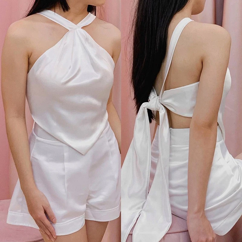 

Women's Halter Neck Tie Knot Square Scarf Sexy Strapless Solid Color Slimming Underwear Cross Camisole White