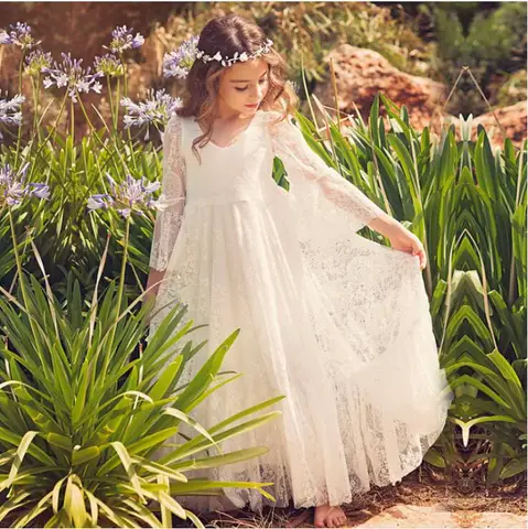 Детская одежда, белое кружевное платье принцессы с длинным рукавом для девочек, Длинные свадебные причудлинные платья для девочек, элегантное вечернее женское бальное платье от 2 до 14