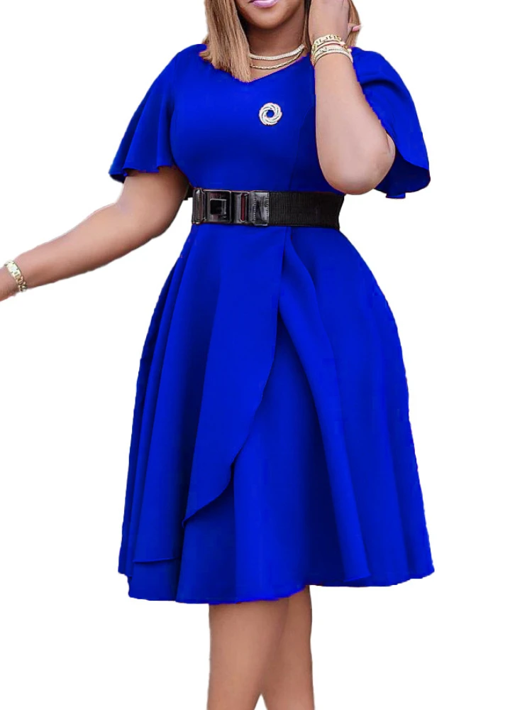 Summer new women's horn sleeve solid color large  plus size dresses plus size women clothing