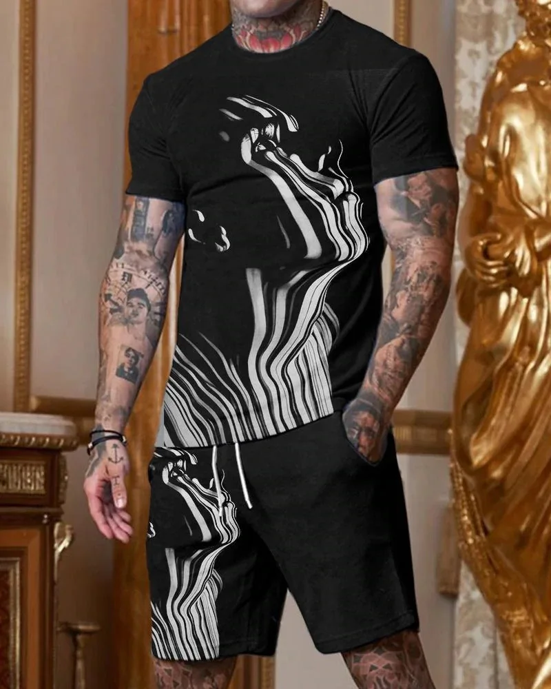 

2022 New Summer Men's Suit Casual Beach Shorts Suit Oversized Printing Short Vintage Ordinary O-neck T-shirt 2-piece Tracksuit