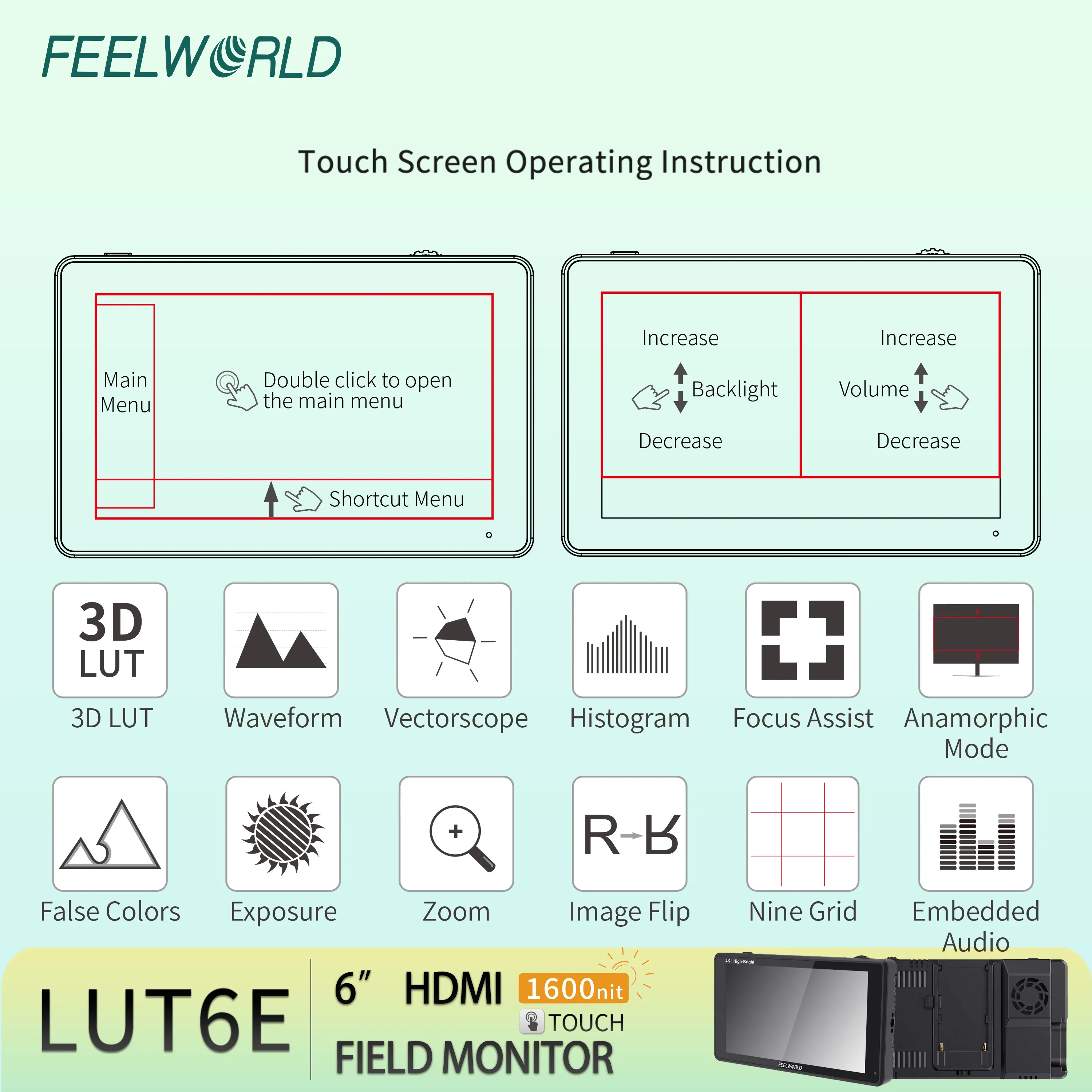 Фото FEELWORLD LUT6E камера с сенсорным экраном DSLR полевой монитор высокая яркость 1600 нит 6 дюймов FHD IPS оптовая продажа с фабрики ODM ODM №3