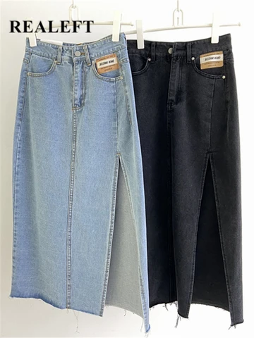 REALEFT 2023 New Women's Long Denim Skirts Summer Vintage High Wasit Jeans Skirt Straight Side Split A-line Pencil Skirts Female