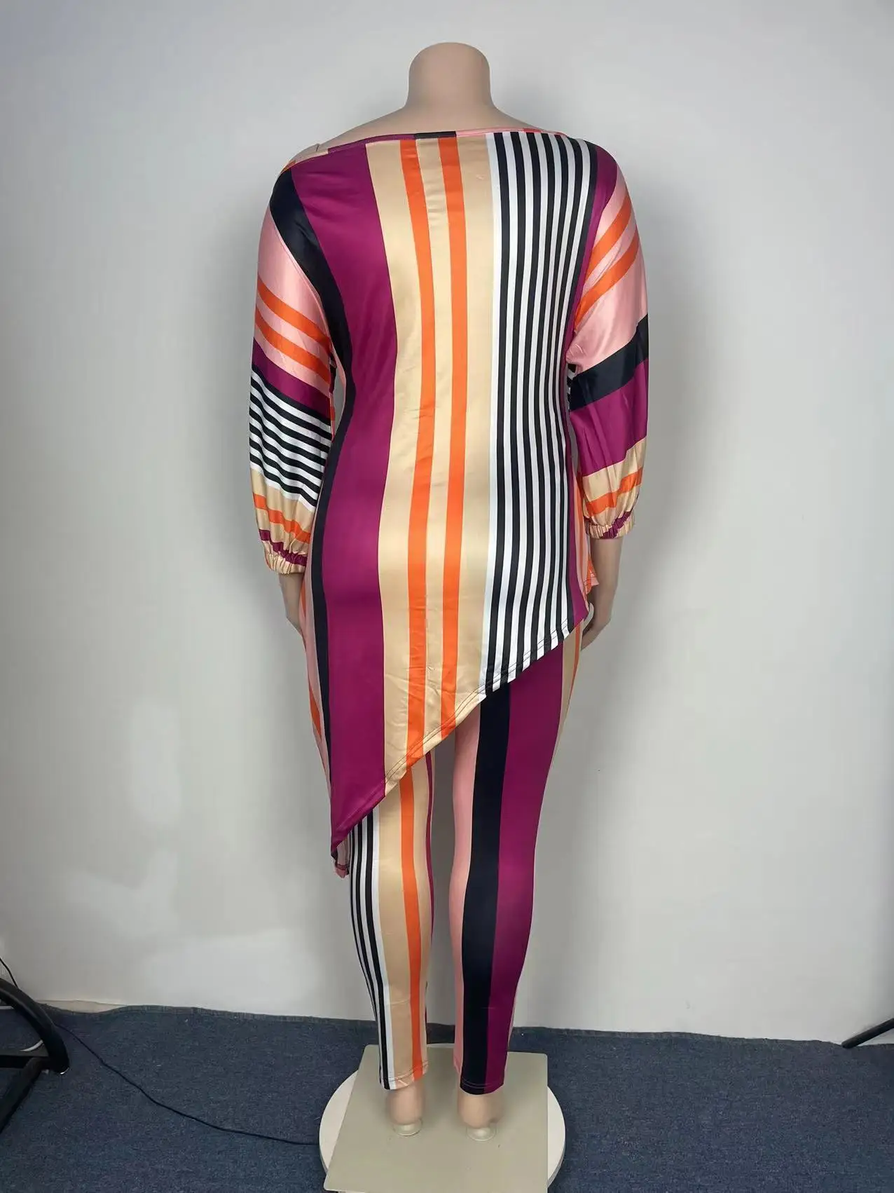 Plus Size Women Clothing Casual Fashion Printed Long Sleeve Color Vertical Stripe Two-piece Set Office Lady for Vestidos Long