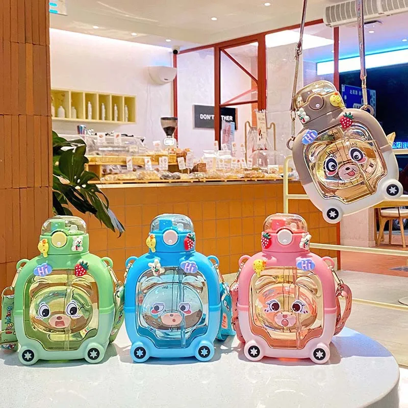 2023 new cute cartoon kettle 1000ml large-capacity portable strap double drinking mouth plastic water cup