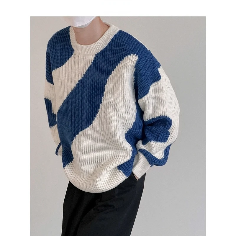 Свитер мужской оверсайз с круглым вырезом, простой пуловер в стиле пэчворк из воловьей кожи, Свободный Повседневный свитер в стиле Харадзюку, Осень-зима 2021