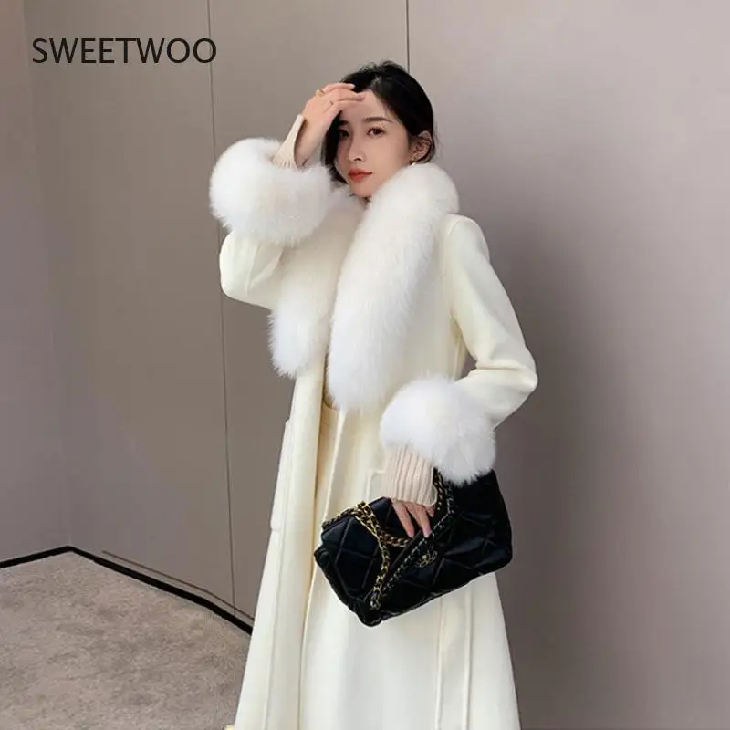 Double Sided faux  Cashmere Coat Fall Winter 2021 New Korean Version faux Fox Big Fur Collar Long Slim White Wool Coat for Women
