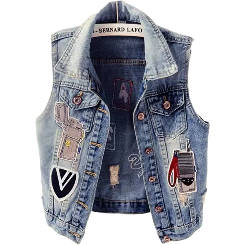 

2023 Spring Autumn Denim Vests For Women Fashion Patches Holes Sleeveless Jean Jackets Outwear Female Casual Waistcoat