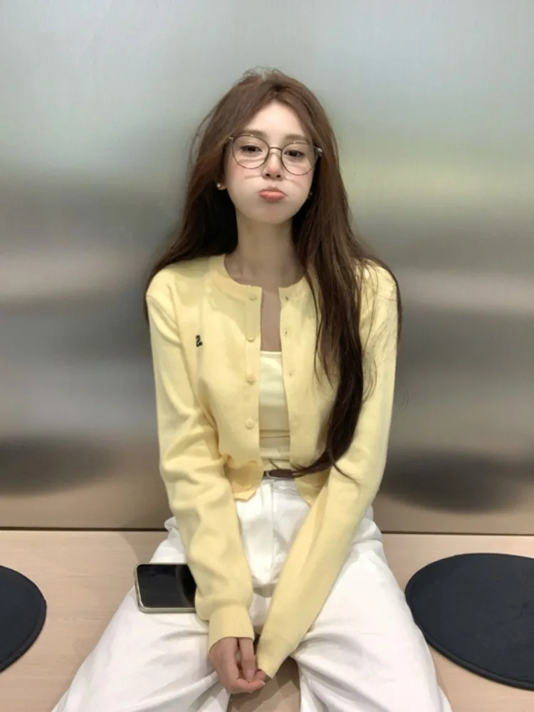 Embroidered Yellow Short Knit cardigan Outerwear Women Early Autumn Versatile Small Round neck sweater Top 2024 New